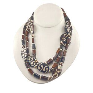 Boho Tribal African-Inspired Long Beaded Necklace With Brown & Black Tribal Desi